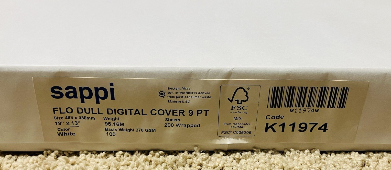 Sappi FLO DULL Digital Cover 9 Pt Paper White 19" x 13"  Case of 200 K11974