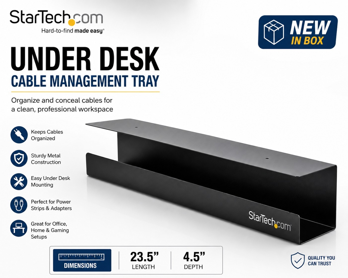StarTech UDCMTRAY Under Desk Cable Management Tray Organizer Black New