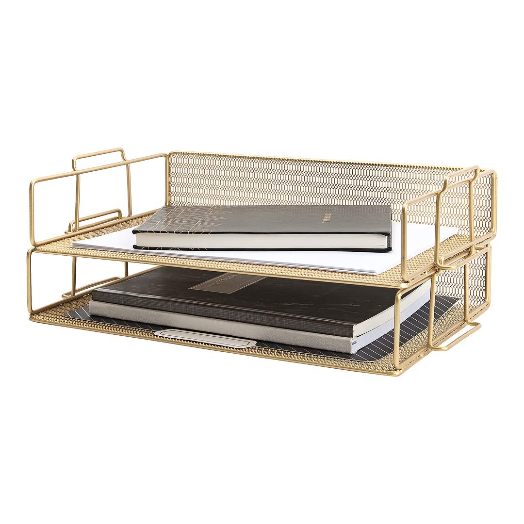 Stackable Paper Tray Gold Mesh Set of 2 Desk Organizer BLU MONACO File Trays