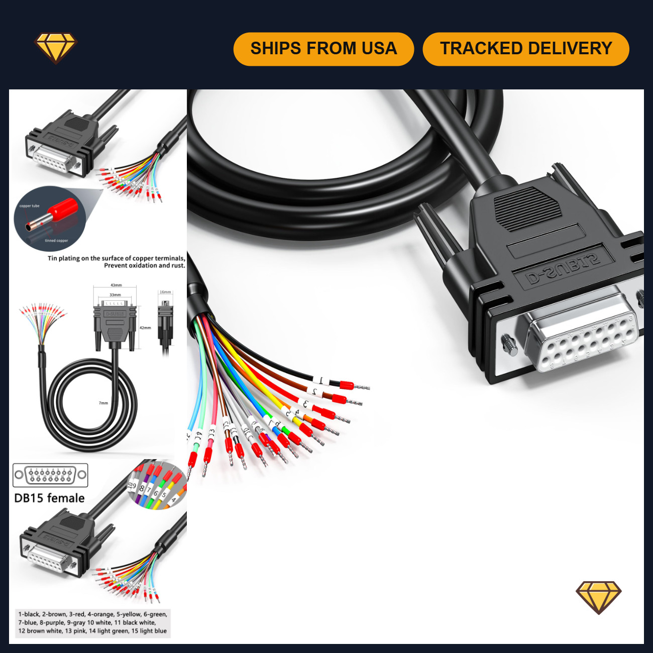 DB15 Female to Bare Wire 10ft Extension Cable, 24AWG D-SUB 15 Pin Connector, Mar