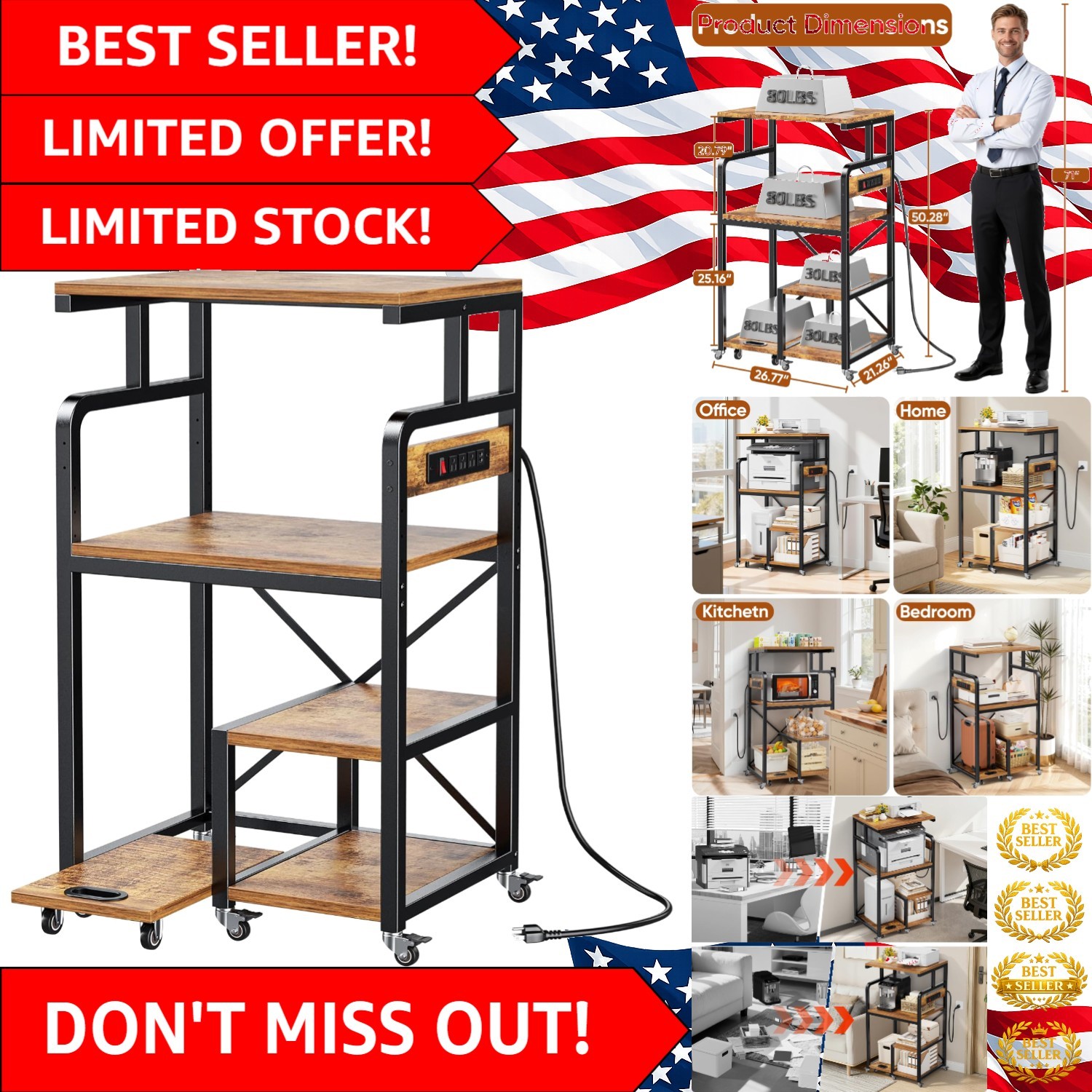 Versatile 4-Tier Printer Cart with Power Outlets - Adjustable & Mobile Design