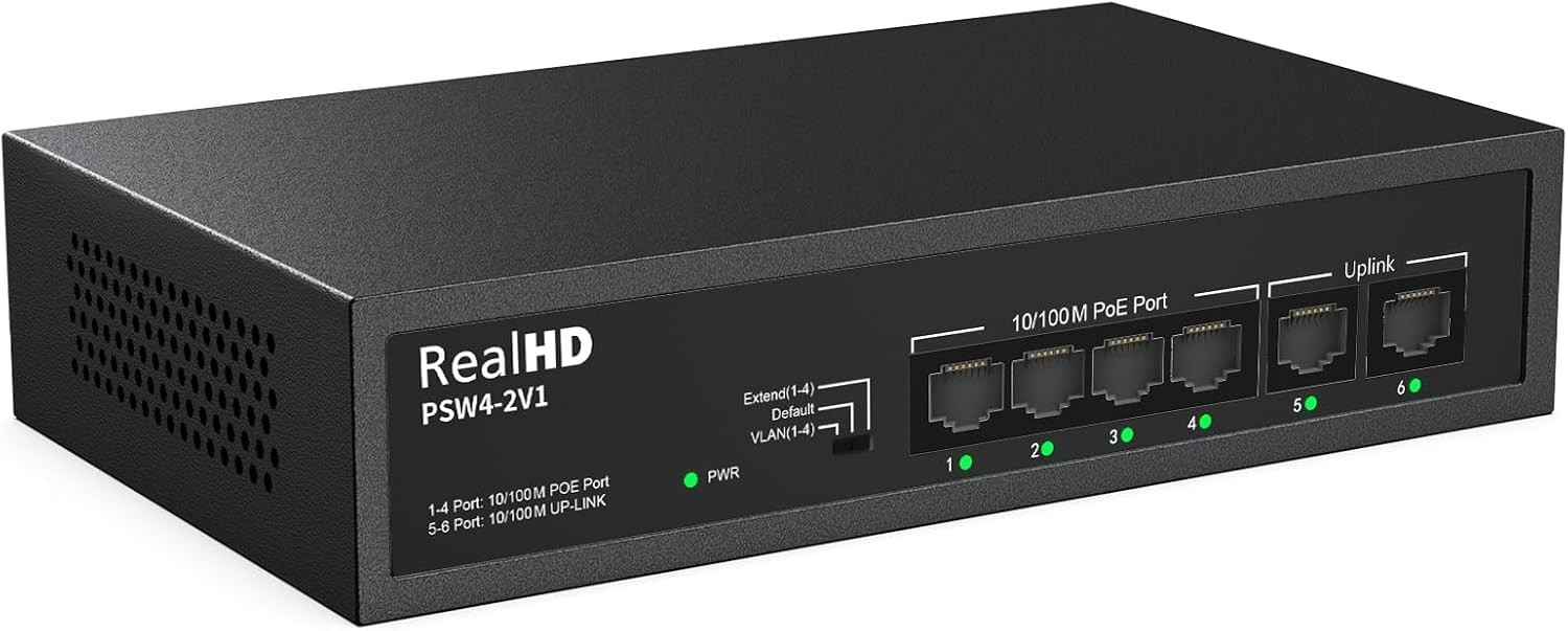4 Port PoE Switch 4 Ports PoE+ 2 Uplink Unmanaged 100Mbps High 55W 802.3af/at