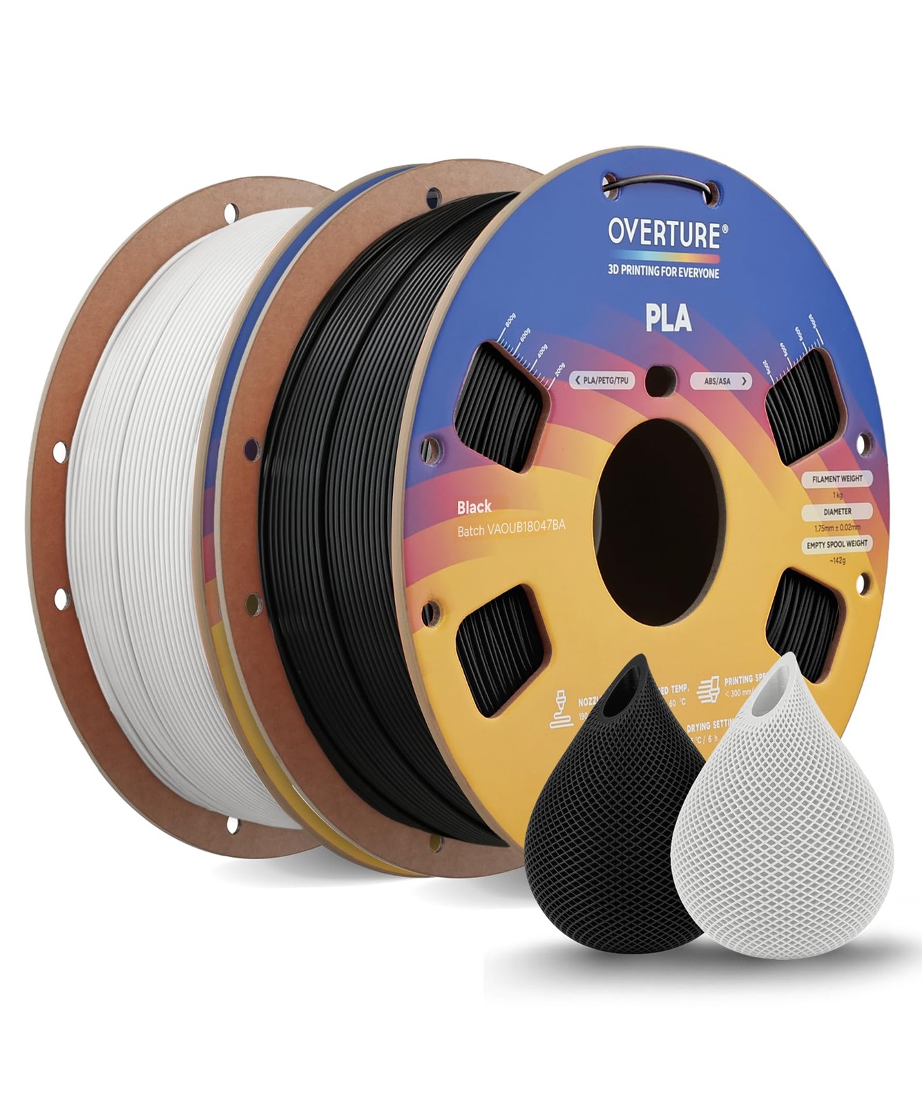 OVERTURE PLA Filament 1.75mm 3D Printer Filament, 2kg 2KG, Black & White