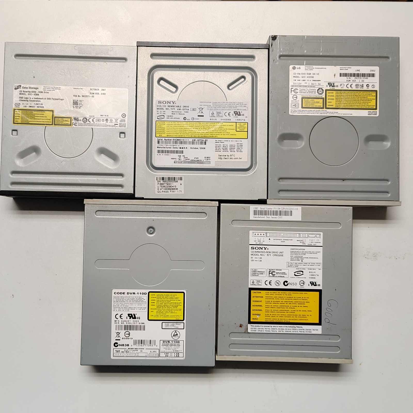 Lot of 5 Sony/LG /HL Variety Brands DVD/CD ROM Drives Untested- Read Description