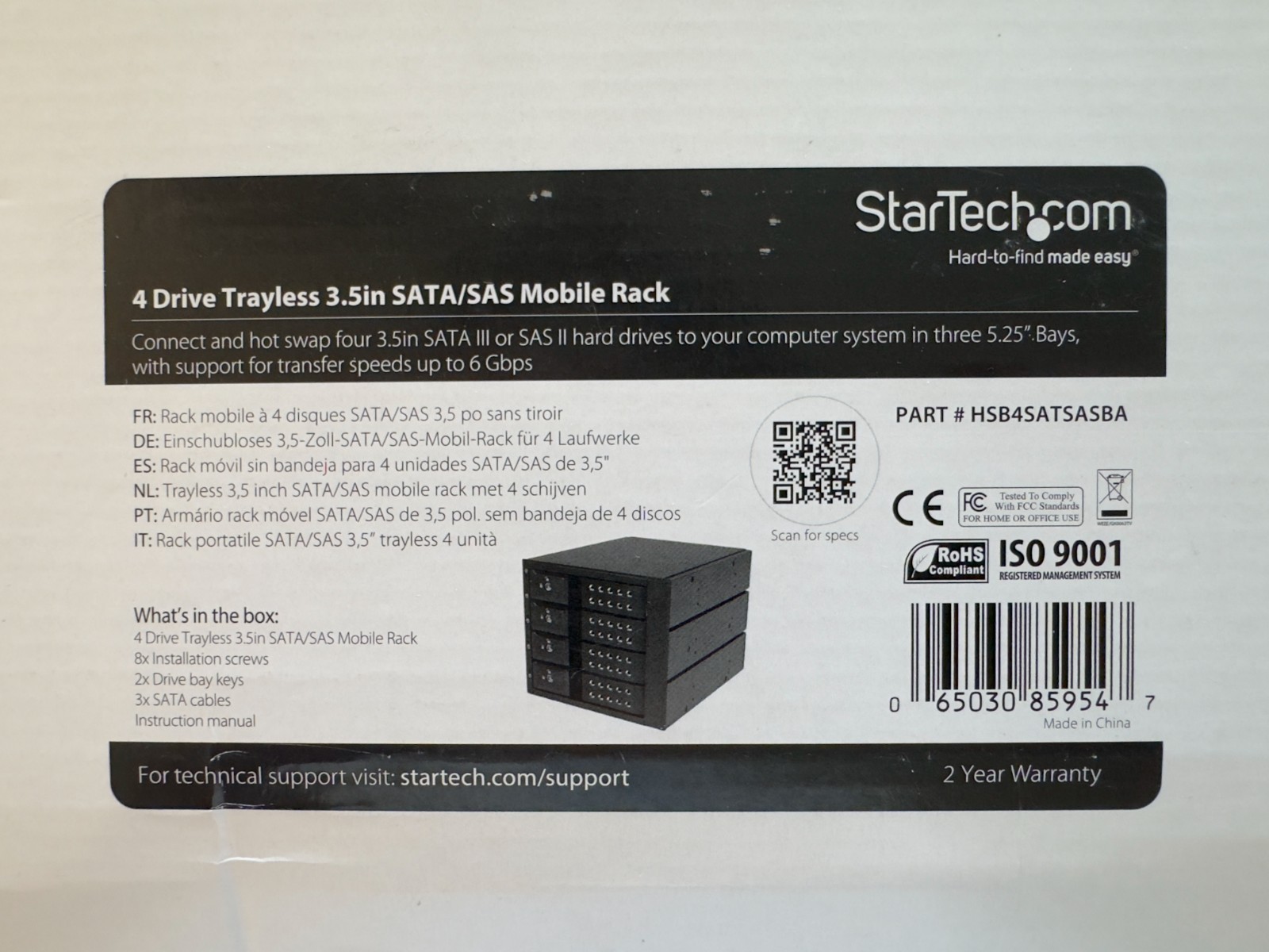 Startech.com 4 Drive Trayless 3.5in SATA/SAS Mobile Rack #HSB4SATSASBA - New