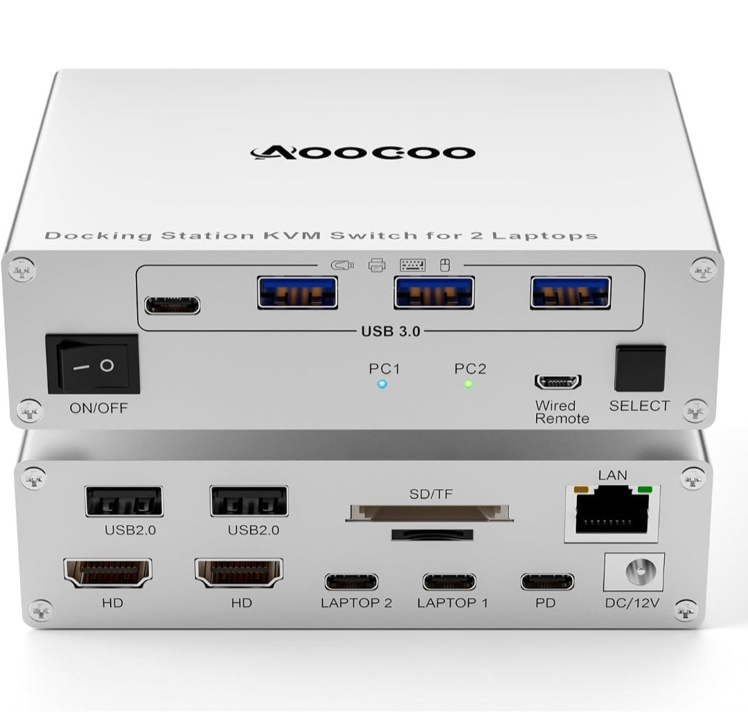AOOCOO 14-in-1 USB-C KVM Switch Dock 2 Laptops Dual Monitor 4K NEW Sealed