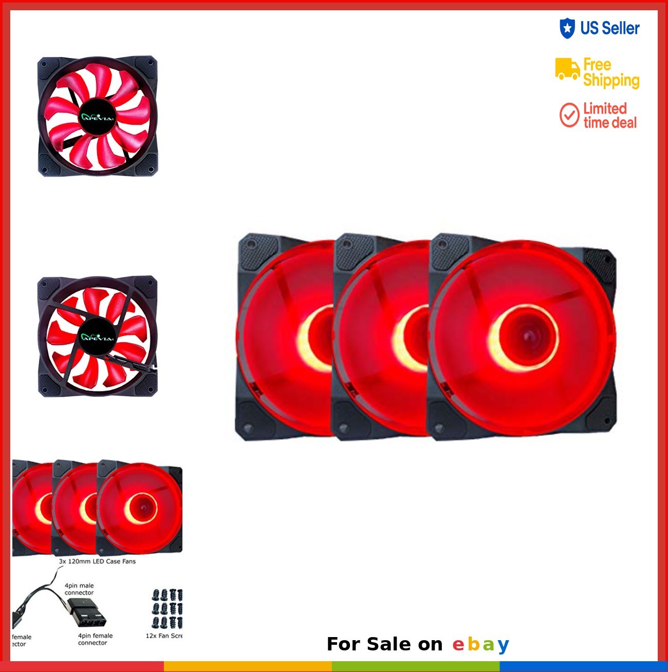 120mm Case Fan Red LED 3 Pack Ultra Silent 57.67 CFM 1350 RPM for PC