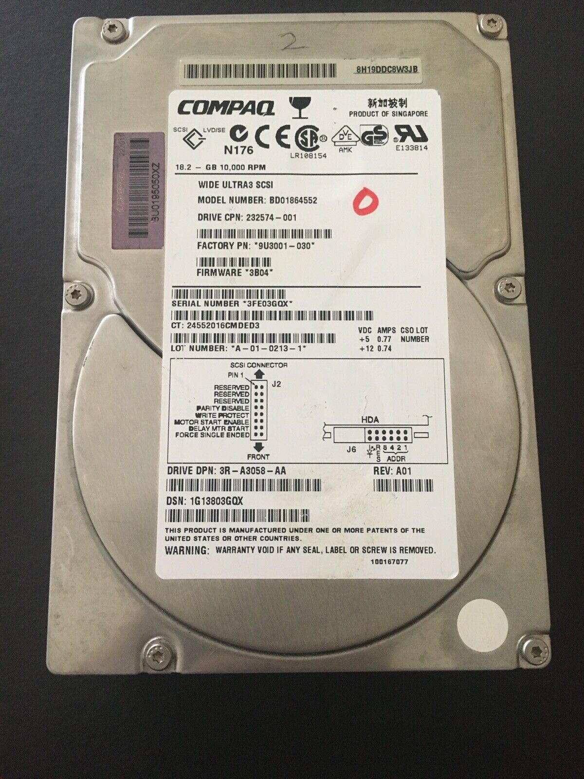 COMPAQ BDO1864552 Wide Ultra3 SCSI 18.2 GB 10,000 RPM Server Hard Drive Working