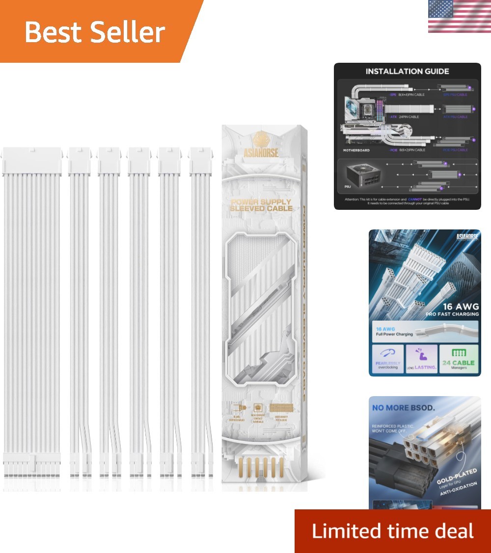 Power Supply Sleeved Cable, 16 AWG PSU Extension Cable Kit of White Connector...