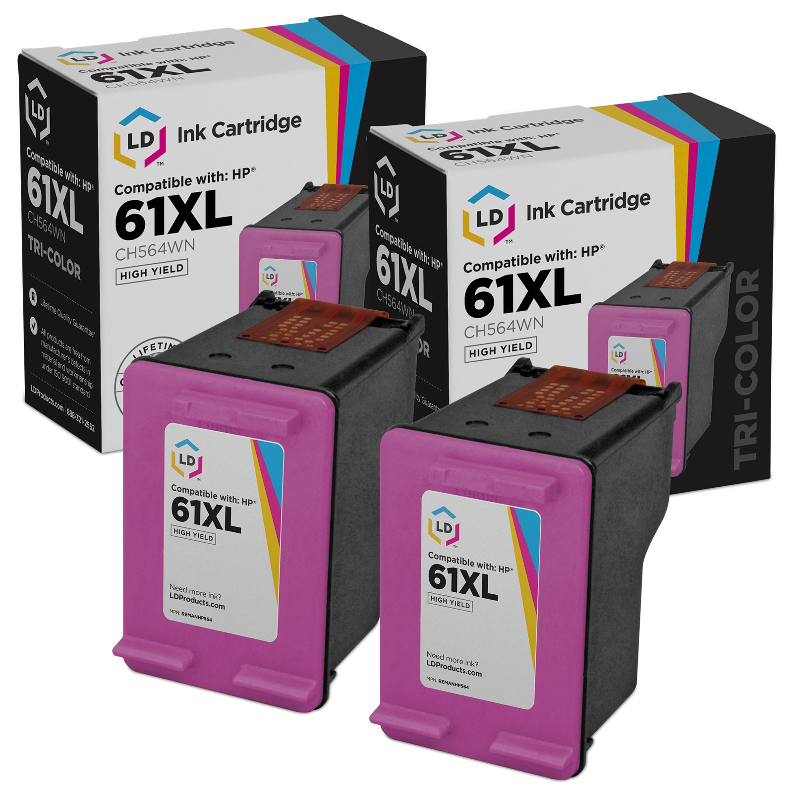 LD Reman Replacement for HP 61 CH562WN Color Ink Cartridge, 2-Pack