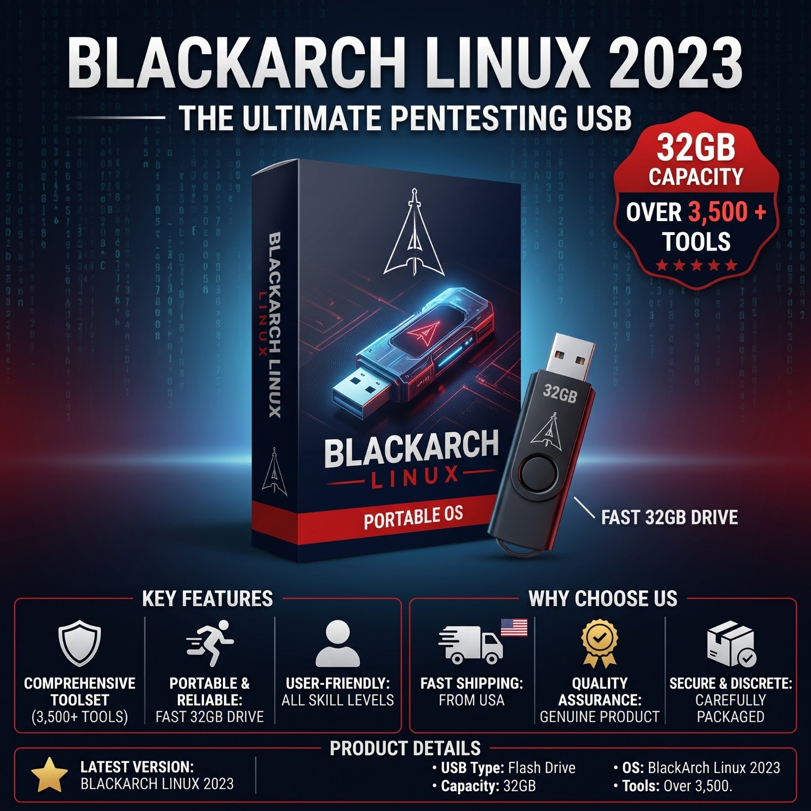BlackArch Linux 2023 USB | 32GB Flash Drive | 3500+ Security Tools | Bootable OS
