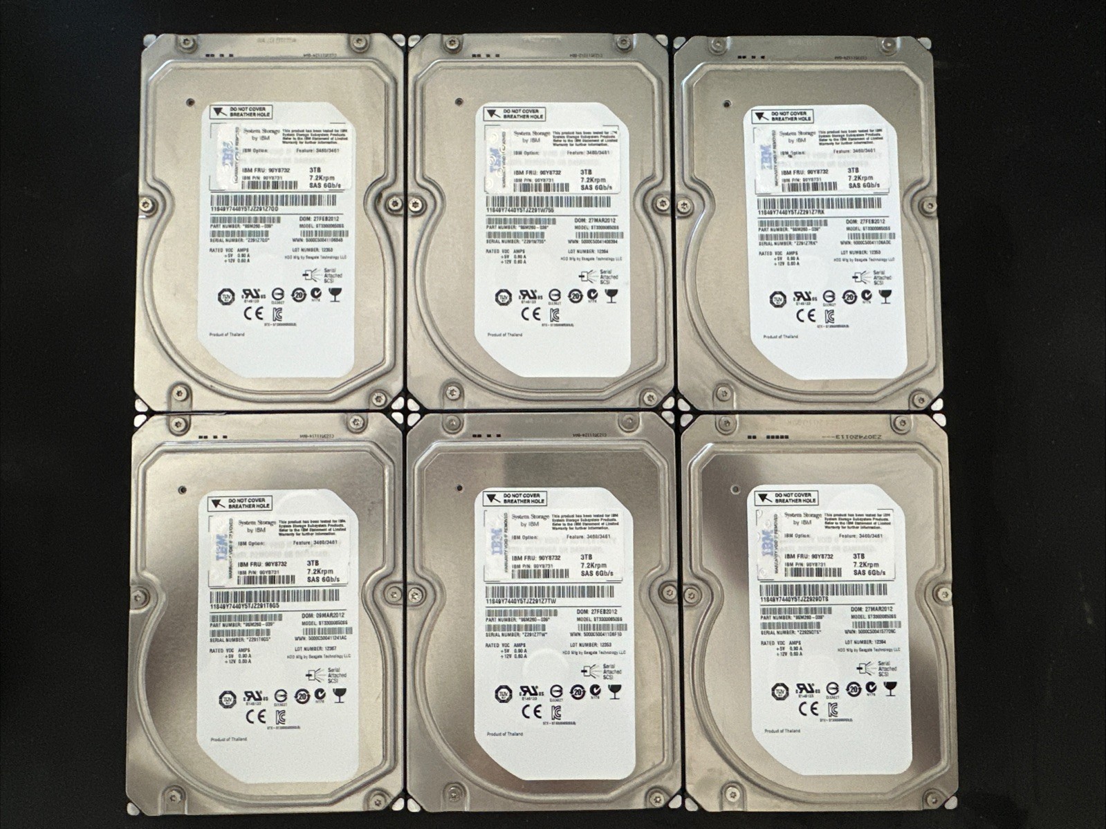 Lot of 6 IBM Seagate ST33000650SS 3TB 7.2K SAS HDD - 59718-60851 Hours - Wiped