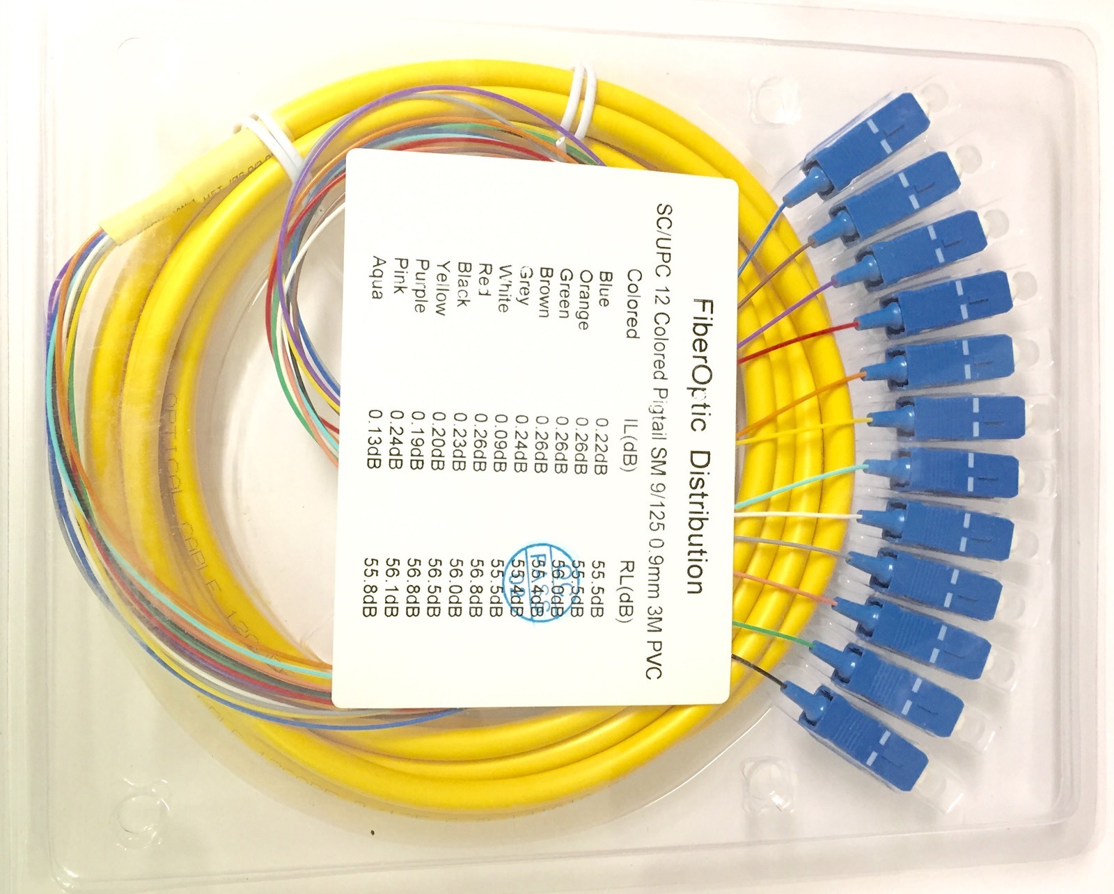 3m 12 Fibers SC Single-Mode Color-Coded Fiber Optic Pigtail, Fiber pigtail -878