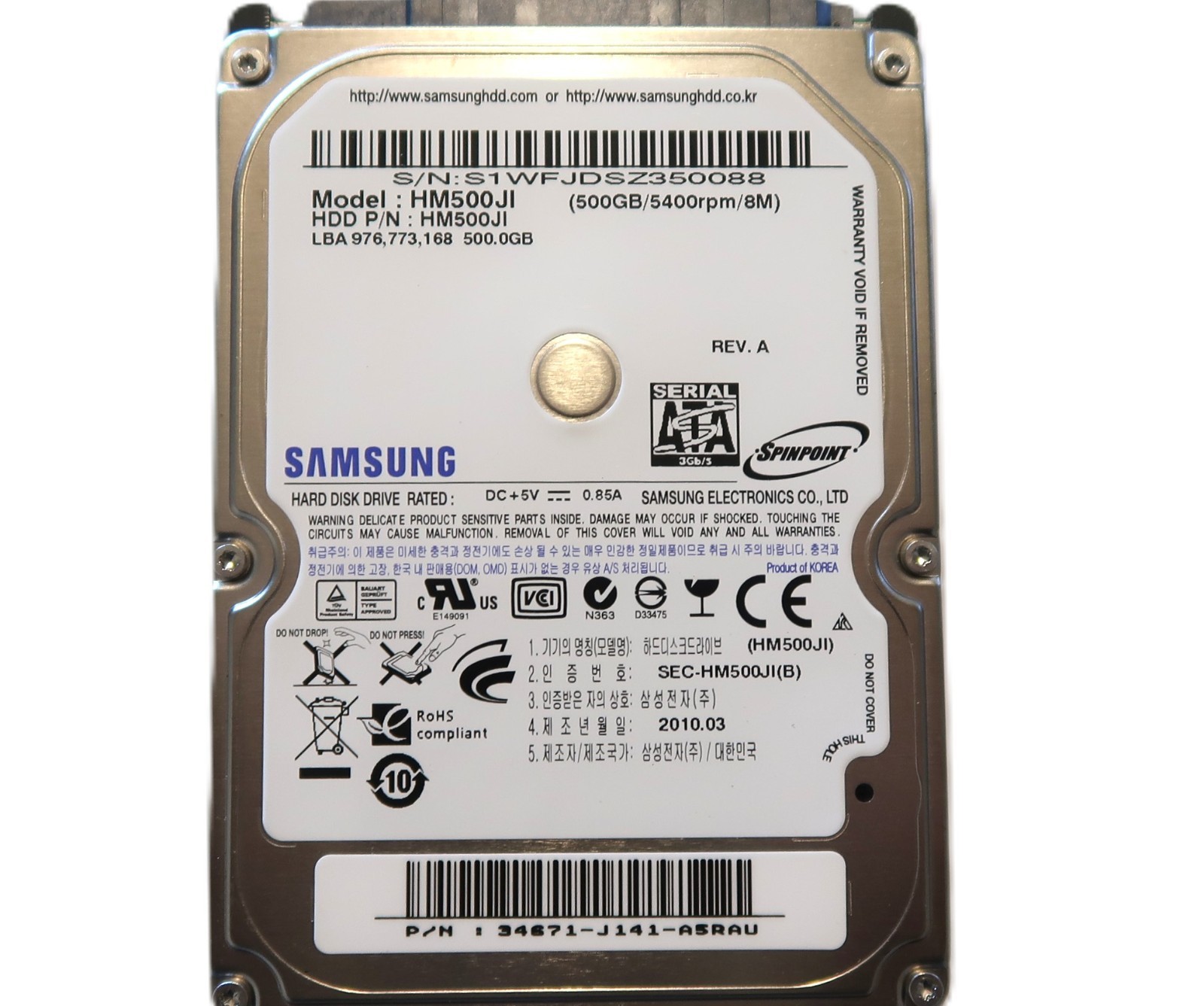 Samsung HM500JI REV.A 34671-J141-A5RAU 2.5" Korea 5400rpm 500gb Sata HDD 2010.03