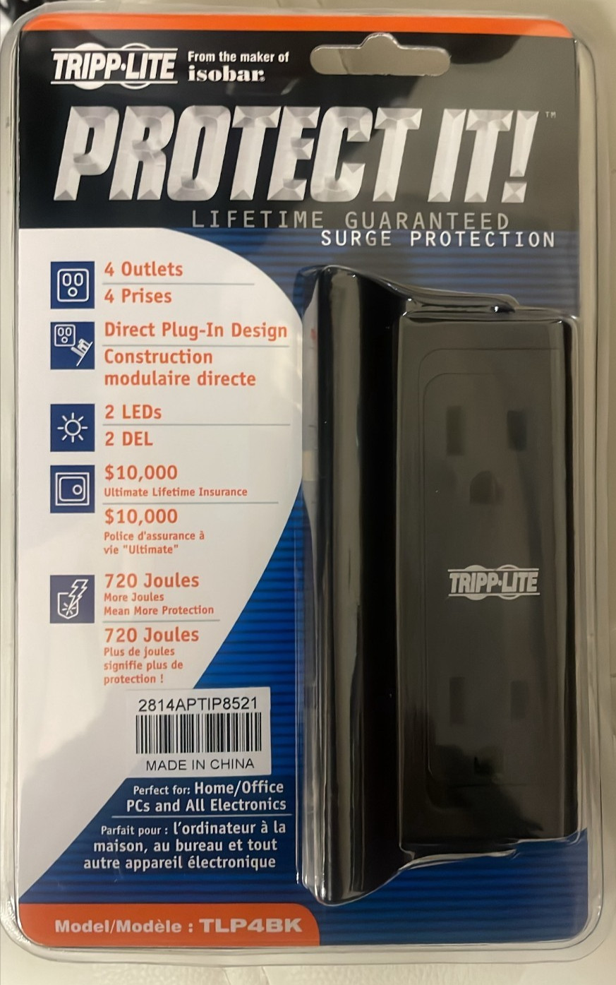 TRIPP LITE TLP4BK Protect It Surge Protector 4 Side-Mounted Outlets