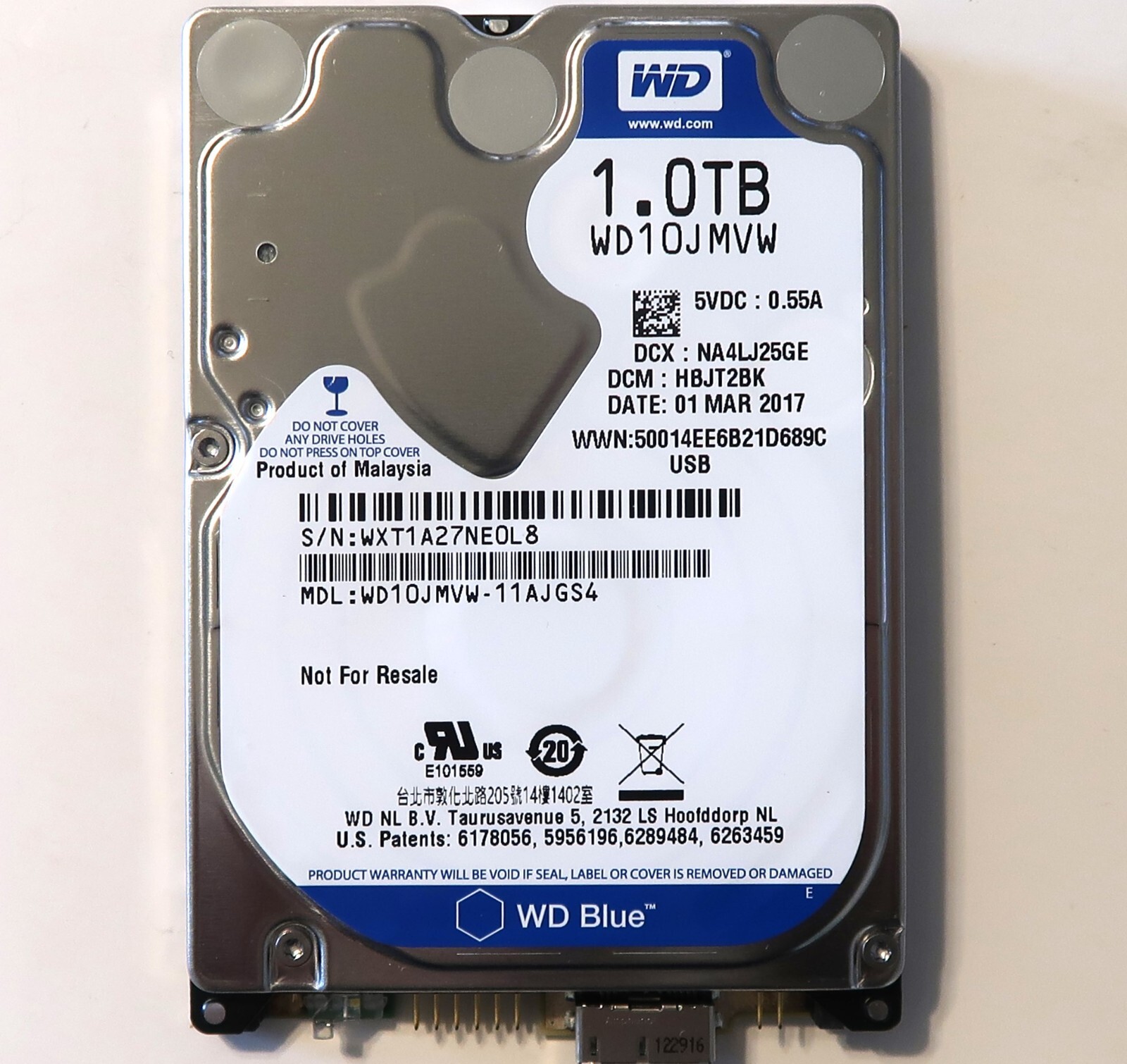 Western Digital WD10JMVW-11AJGS4 DCM:HBJT2BK Malaysia (WXT1) 1.0TB USB 01MAR2017