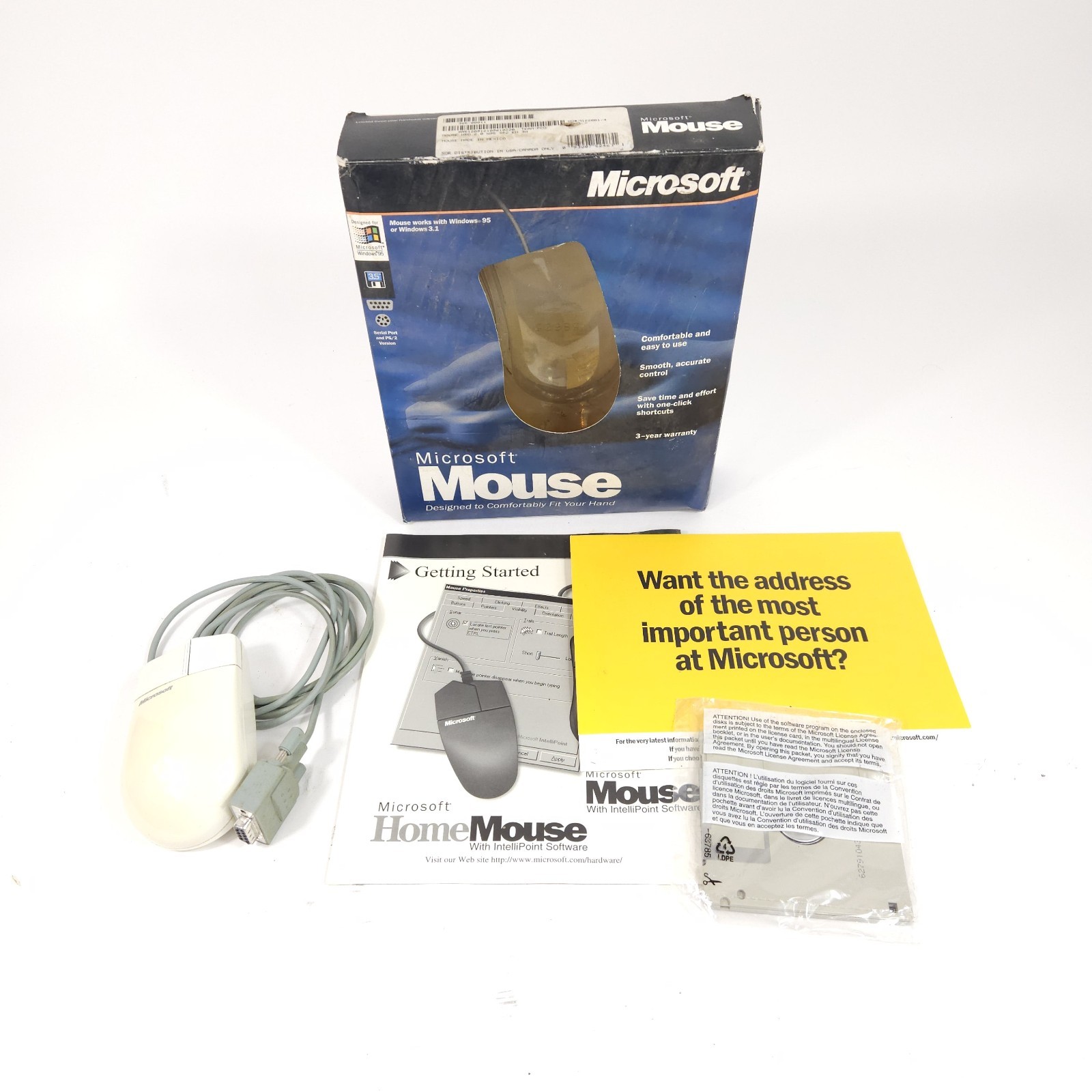 Microsoft Windows 95/3.1 2 Button Mouse With Box Manual And Floppy Disk