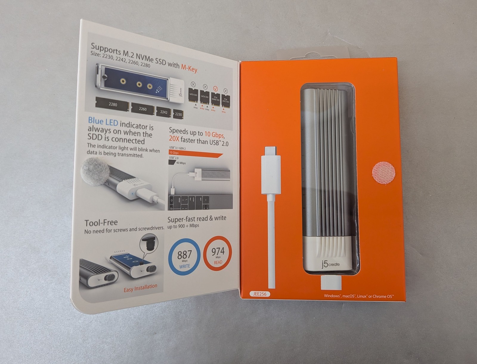 j5Create USB-C to M.2 NVMe SSD Enclosure (JEE256-2A) 10Gbps