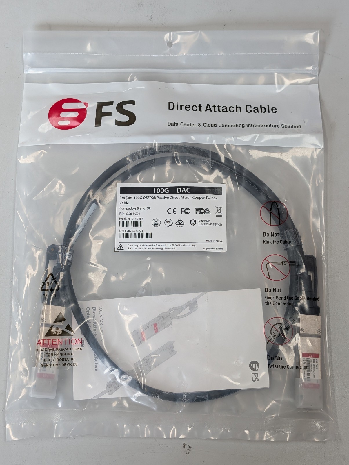 FS 100G QSFP28 Passive DAC Twinax Cable 1m New Sealed - **Lot of 10**