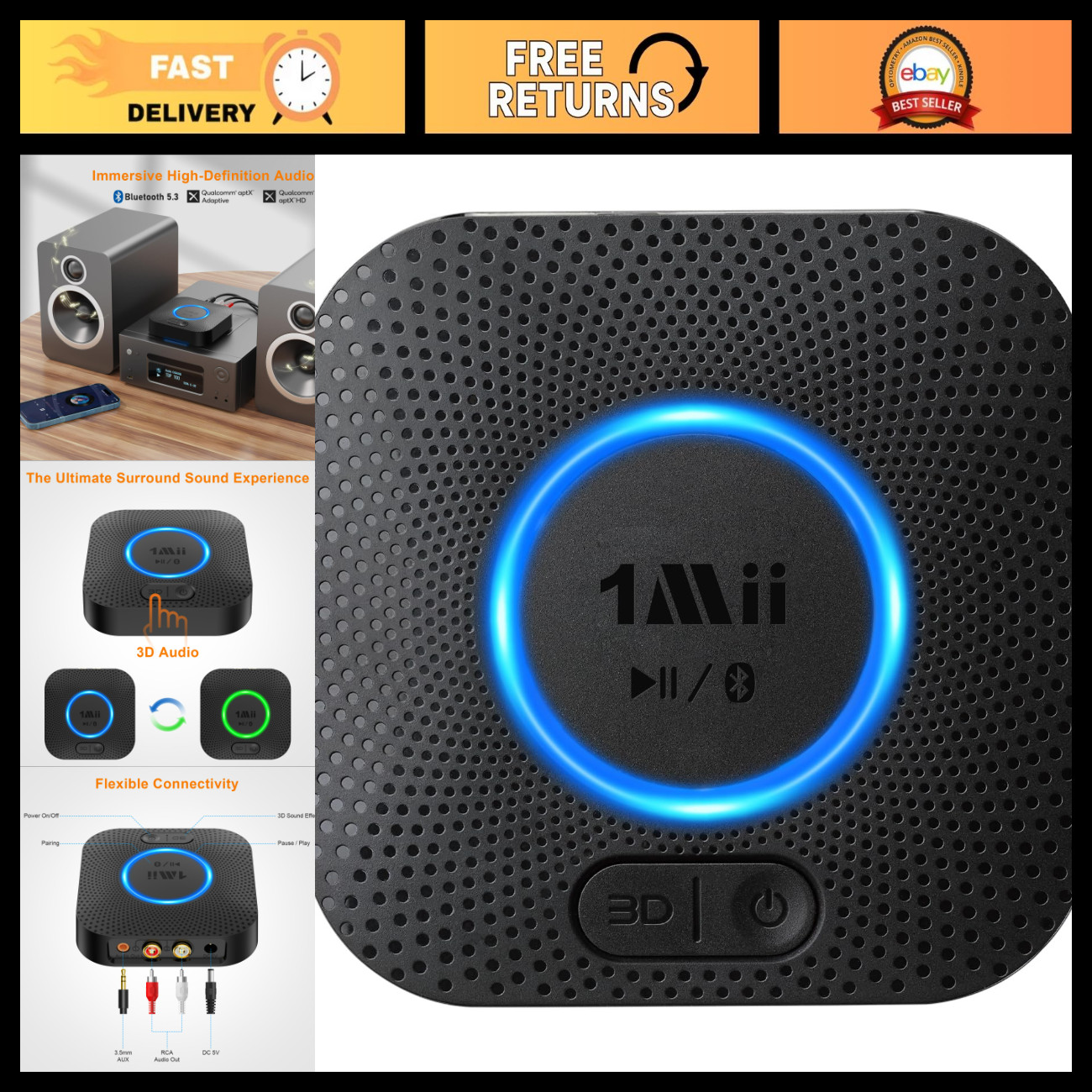 Hi-Fi Bluetooth 5.3 Receiver, Wireless Audio Adapter, 3D Surround aptX HD for Ho