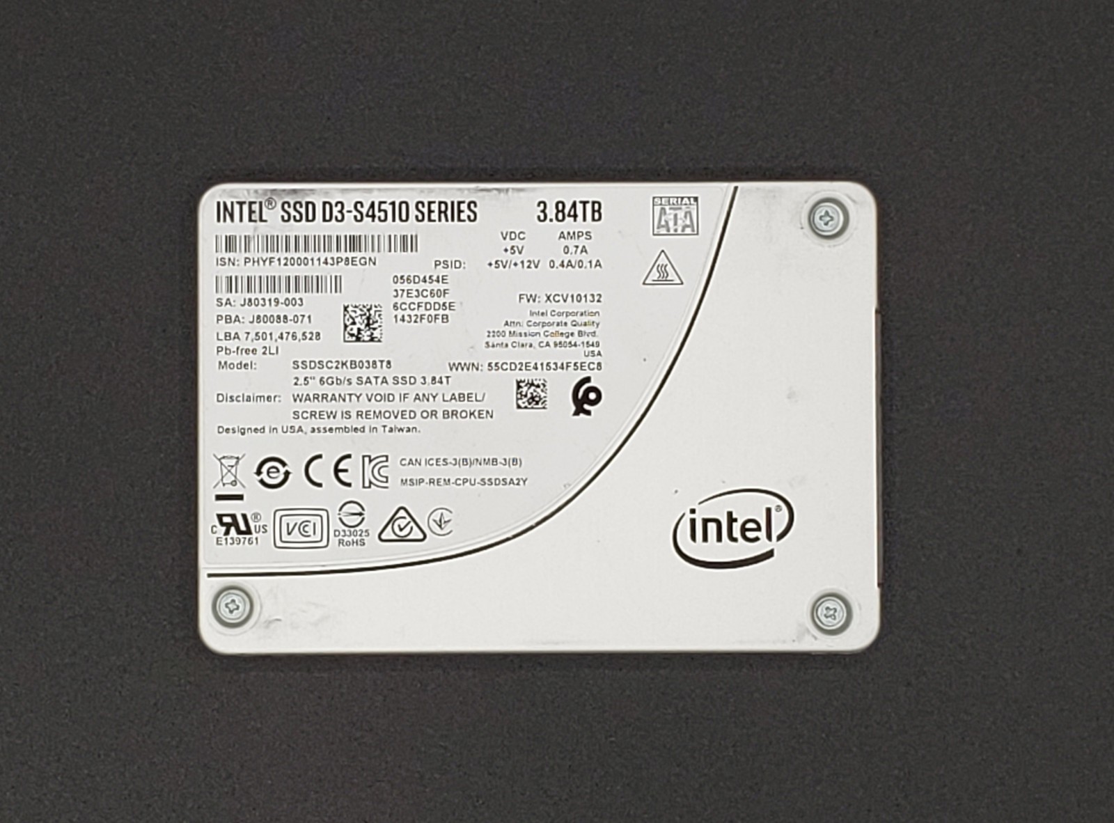 Intel D3-S4510 3.84TB Series 2.5" SATA SSD (SSDSC2KB038T8)