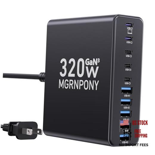 320W USB C Charger Block, 10-Port USB C Charging Station GaN III PD 65W Black