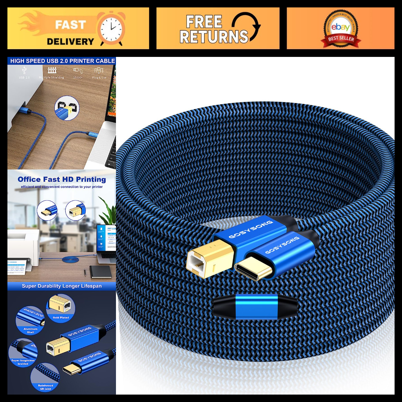 50ft USB C to USB B Printer Cable - High Speed, Active, Compatible with Printers