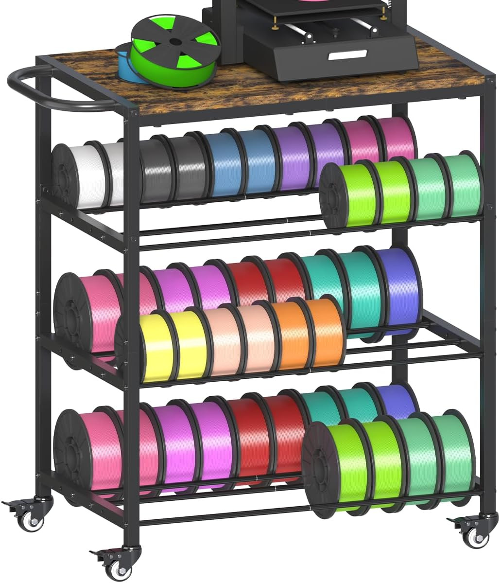3-Tier 3D Printer Filament Storage Rack with Stand & Wheels, Black