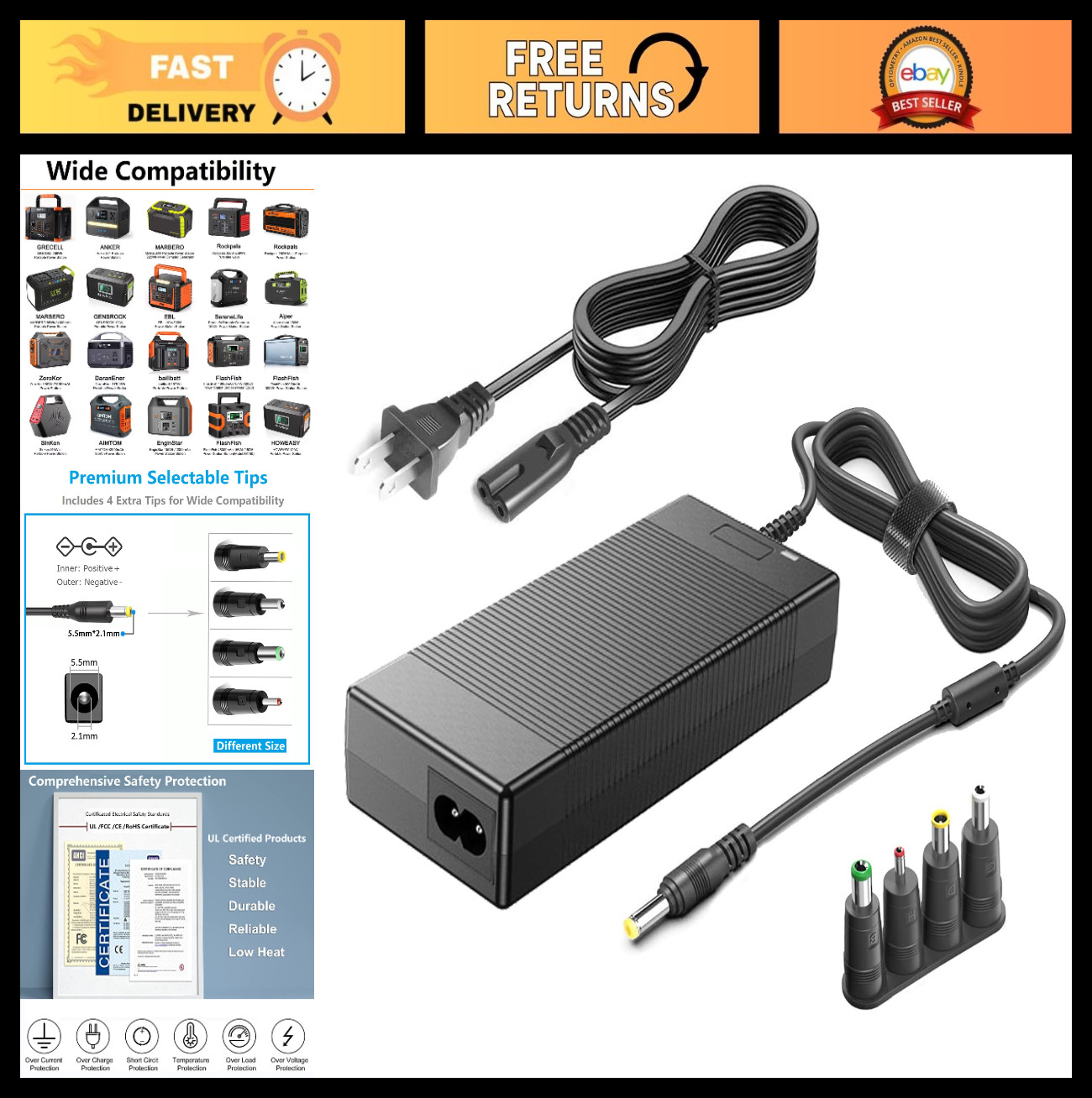15V 60W AC Adapter Charger for Portable Power Stations, Fits 50W-300W Models