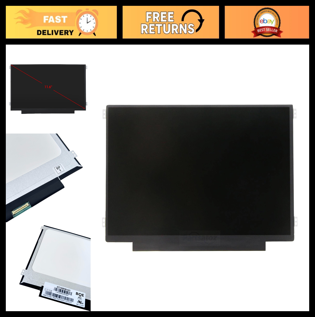 11.6" WXGA HD Laptop LCD LED Screen Display Replacement - 30 Pin EDP, Side Brack