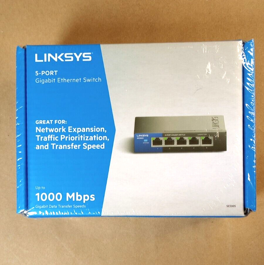 Linksys SE3005 5-port Gigabit Ethernet Switch, brand new, sealed.
