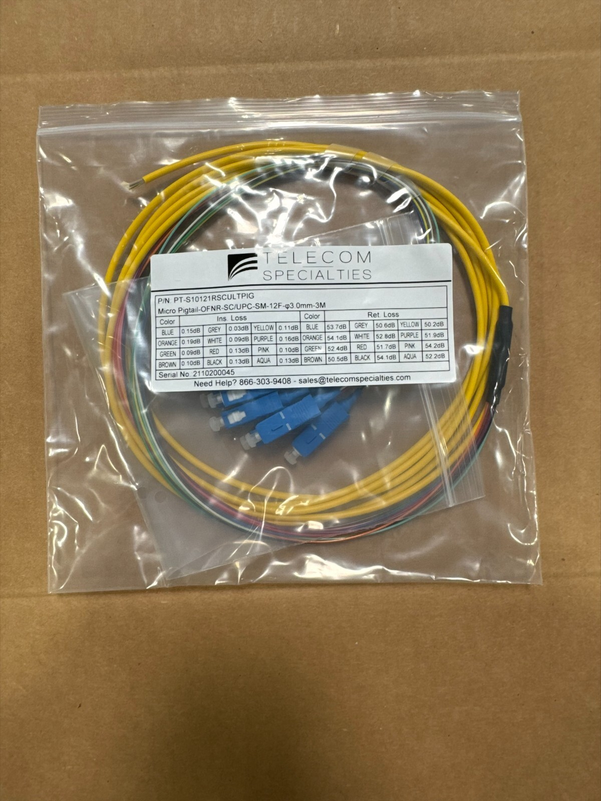 12 Strand Singlemode SCUPC 250um Fiber Optic Pigtails with Jacket - 10 Pigtails