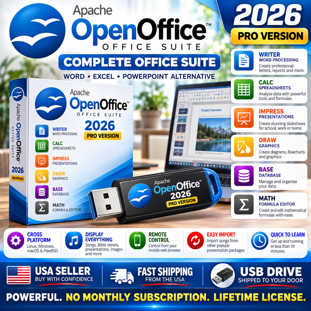 Open Office Pro Home Student 2026 Software Suite for Windows 11 10 7 & MAC USB