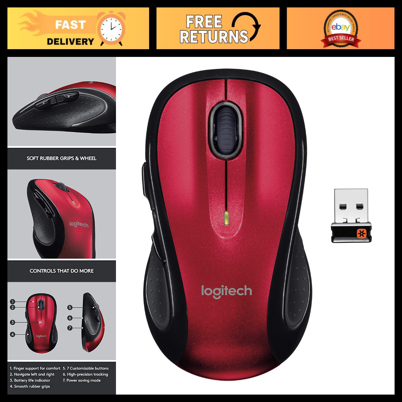 Wireless Ergonomic Computer Mouse - USB Receiver, Back/Forward Buttons, Red