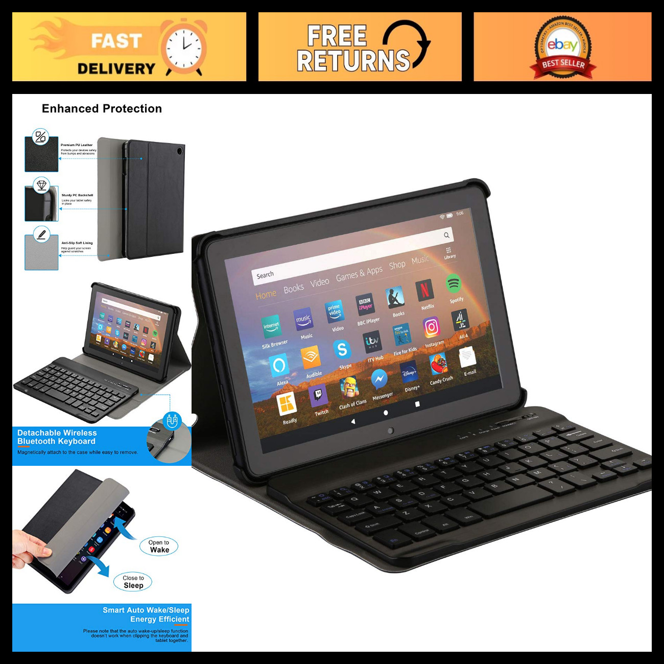 Universal Keyboard Case for Fire HD 8/8 Plus - Slim, Lightweight, Durable Design
