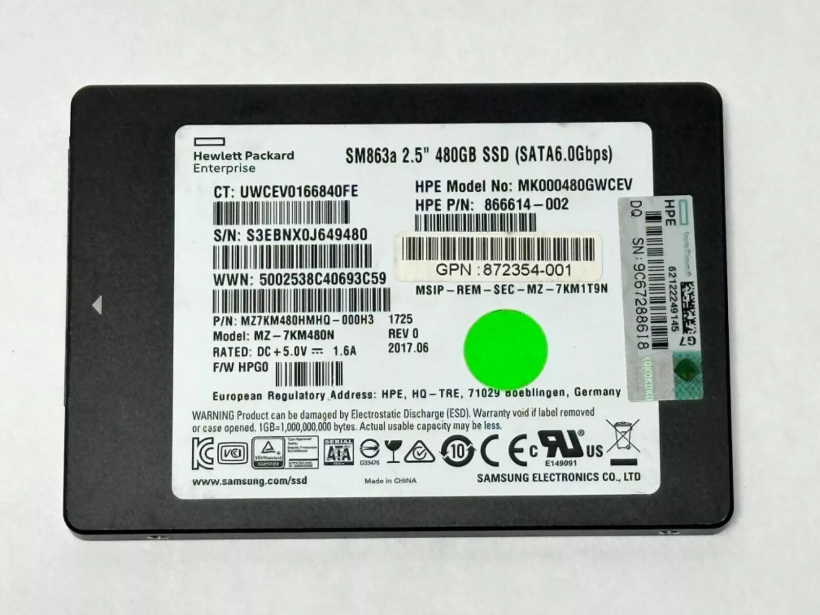 USED HP 480GB SATA 6Gb/s 2.5" SSD SM863a MK000480GWCEV 878678-001 Hard Drive