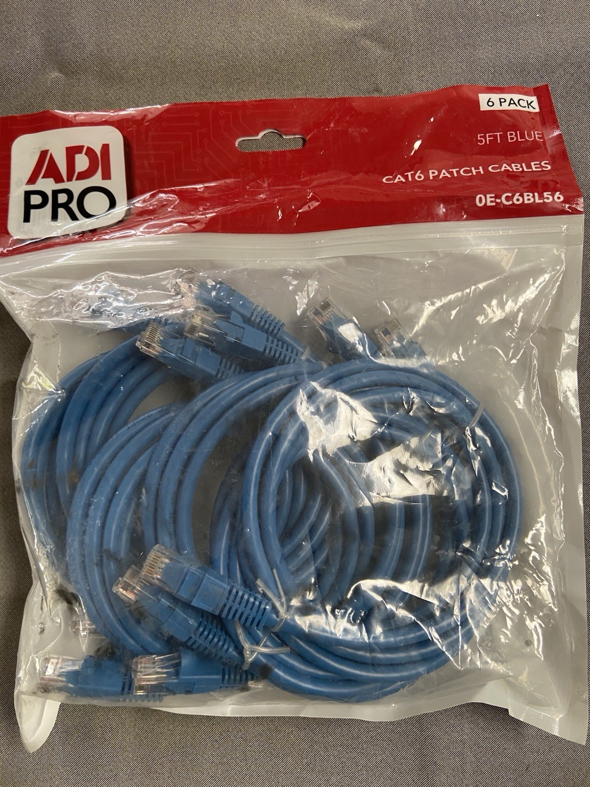 ADI Pro Cat6 Ethernet Patch Cable 5ft Blue 6-Pack RJ-45 Round 0E-C6BL56