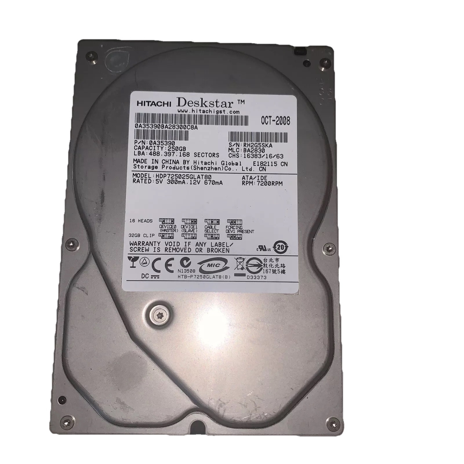 Hitachi | Model:HDP725025GLAT80 | P/N: 0A35390 250GB Hard Drive | Deskstar