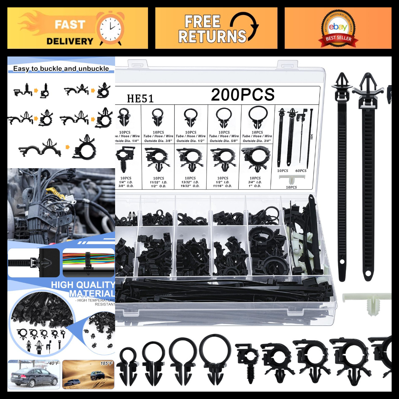 200 Pcs Wire Loom Routing Clips - 15 Sizes Push Mount for Automotive Wiring