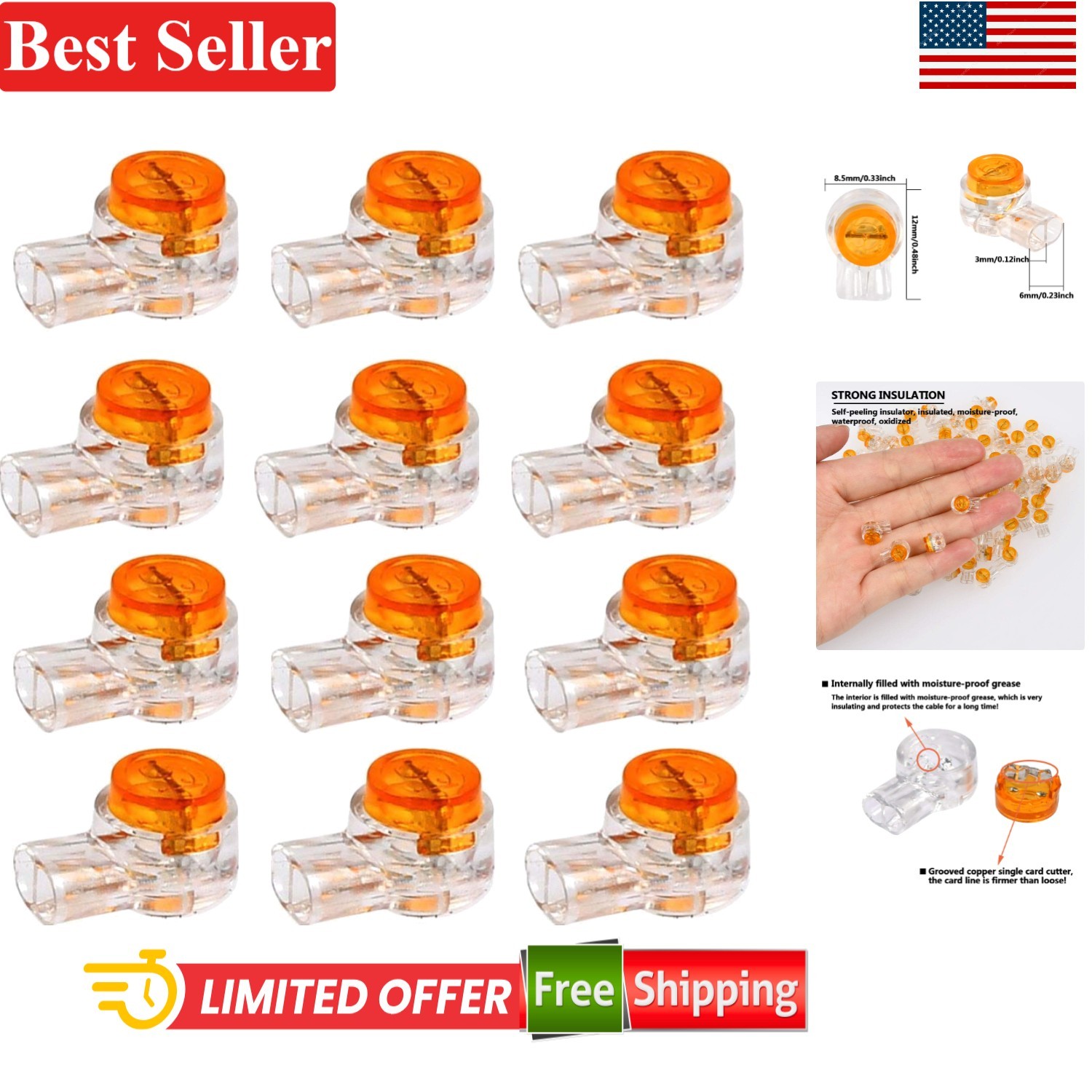200Pcs Waterproof Gel-Filled K1 Butt Splice Telephone Wire Connectors