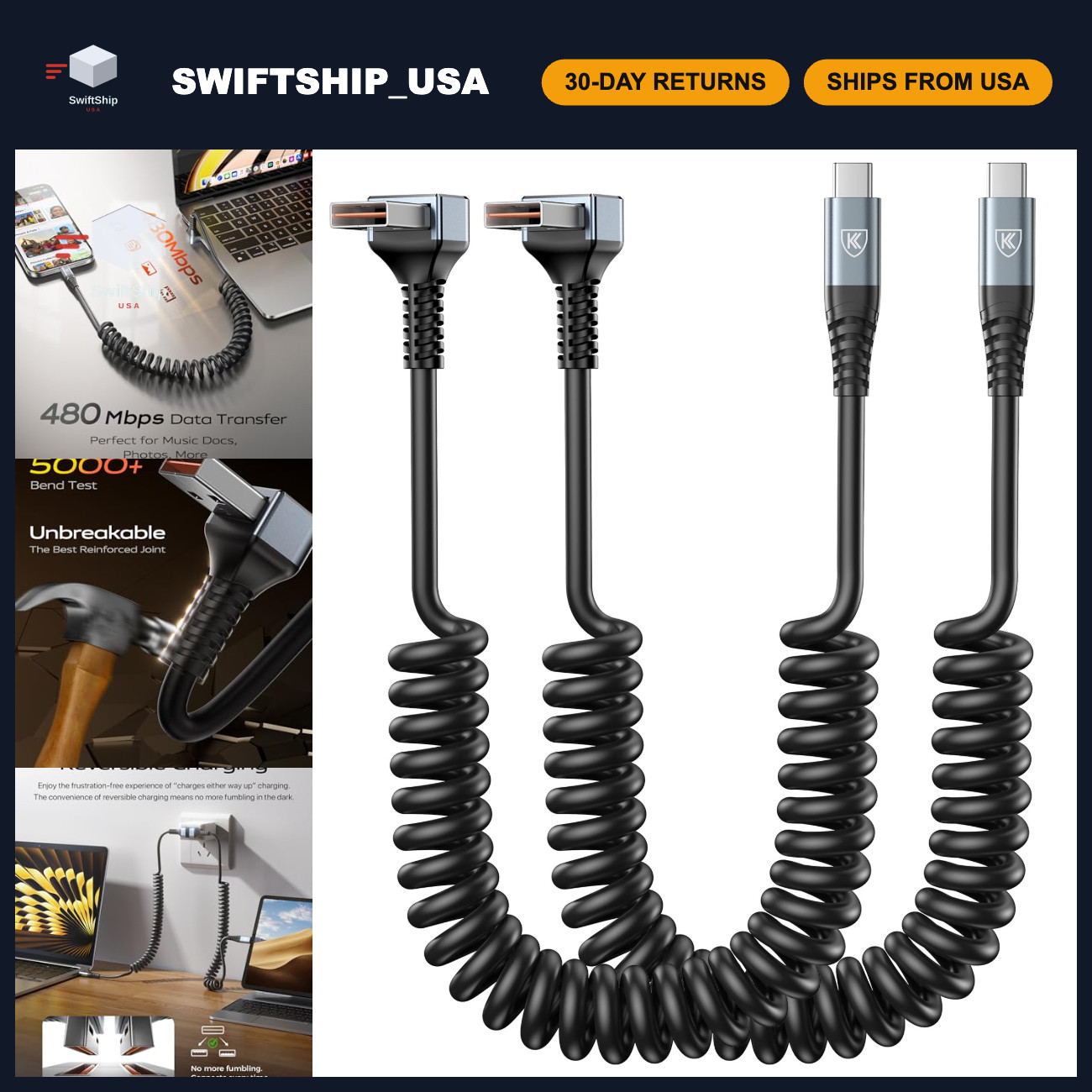 2-Pack 3ft Coiled USB A to USB C Cable - 90 Degree Right Angle for Car Charging