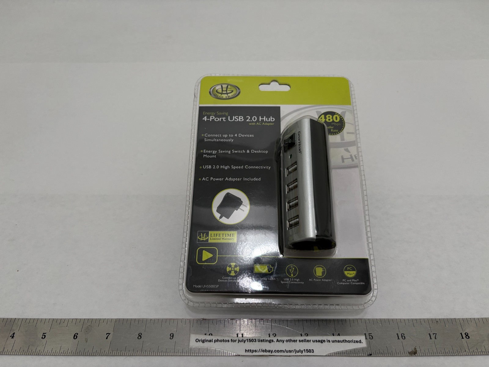(1) NEW Gear Head 4-Port USB 2.0 Hub w/ AC Adapter - Energy Saving Switch