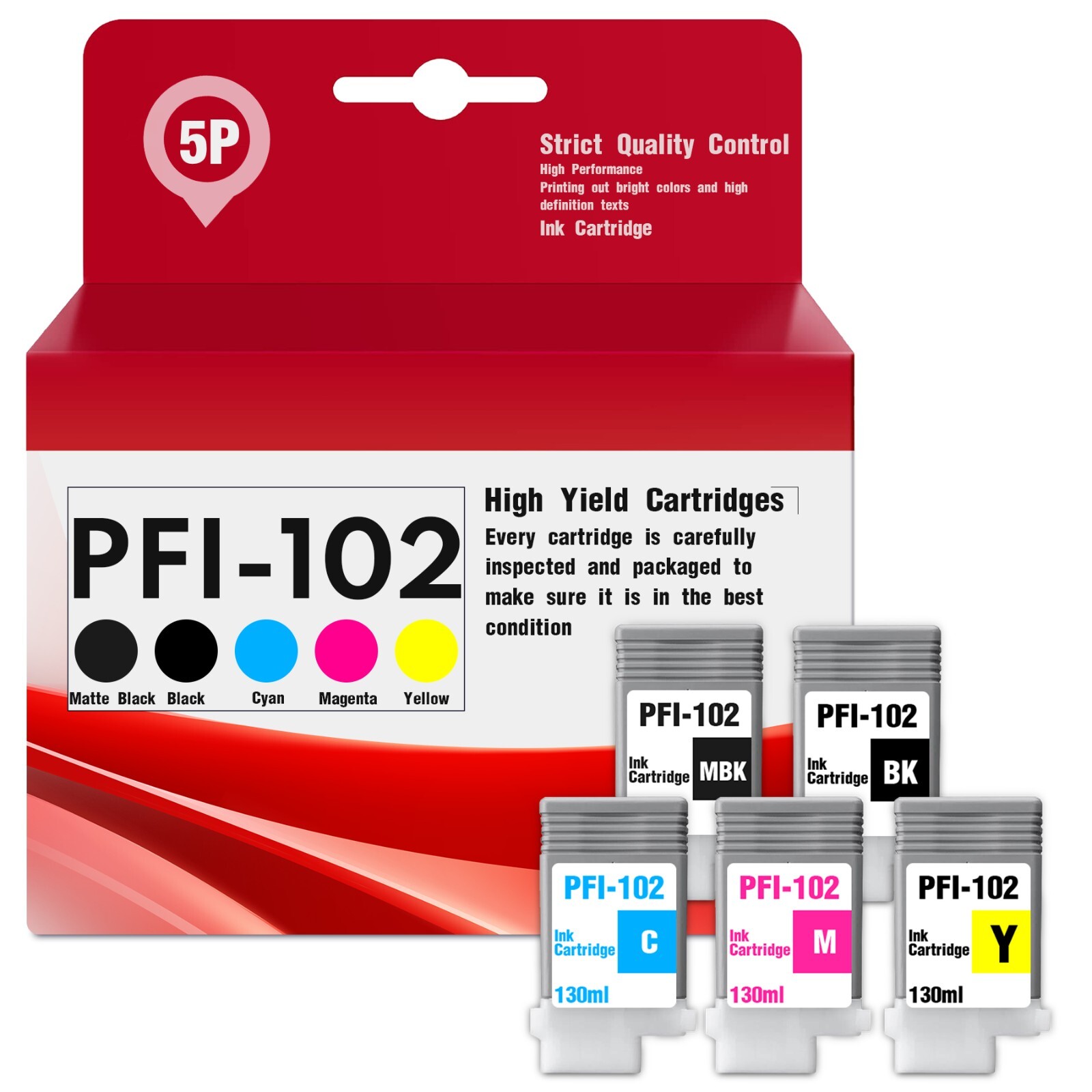 PFI-102 Ink 5-Pack (MBK/BK/C/M/Y) for Canon IPF500 IPF610 IPF710 IPF750