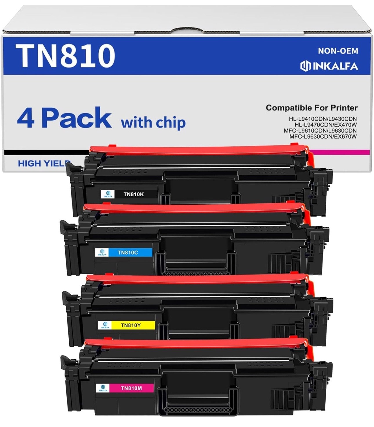 TN810 TN-810 Toner Cartridge 4 Pack High Yield Replacement Brother TN810 w/ Chip