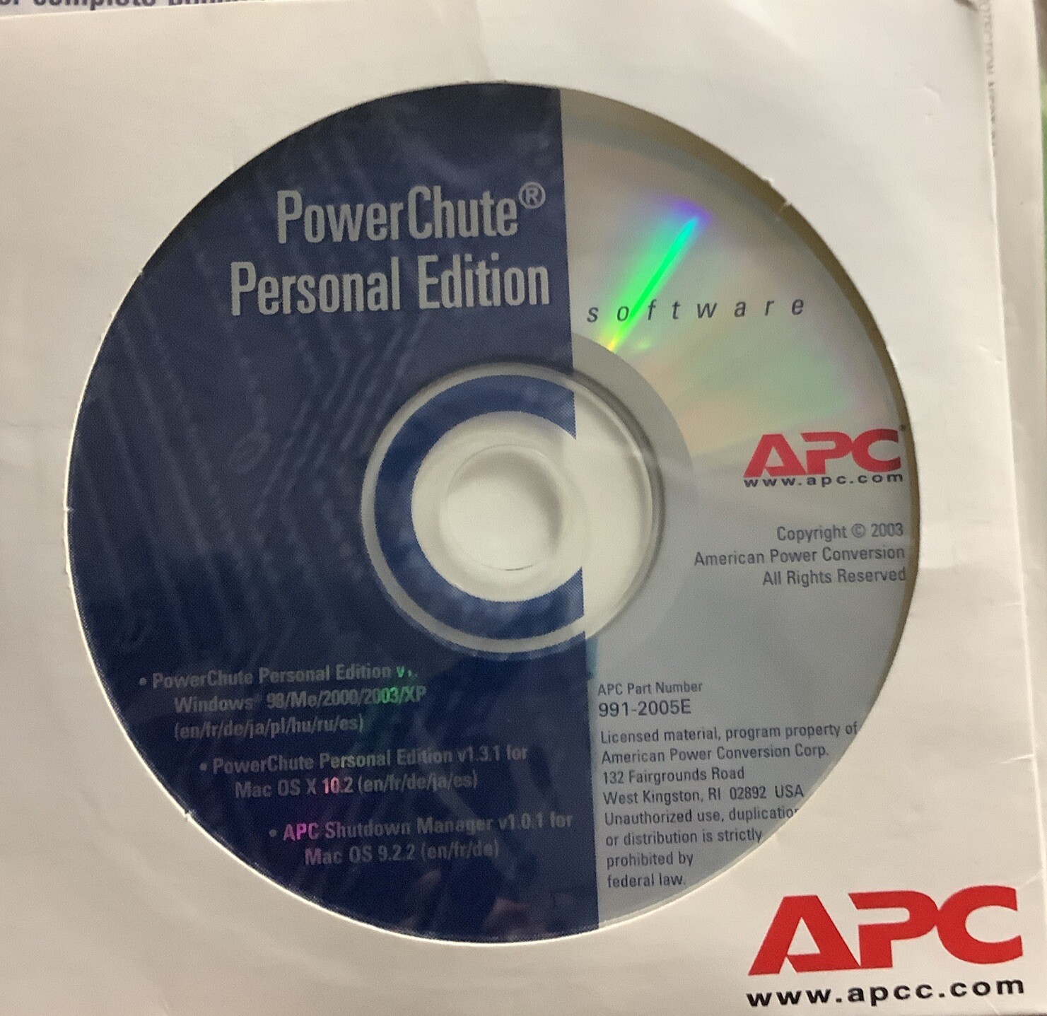 APC PowerChute Personal Edition Software Version 1.3.1 / 991-2005E / NEW