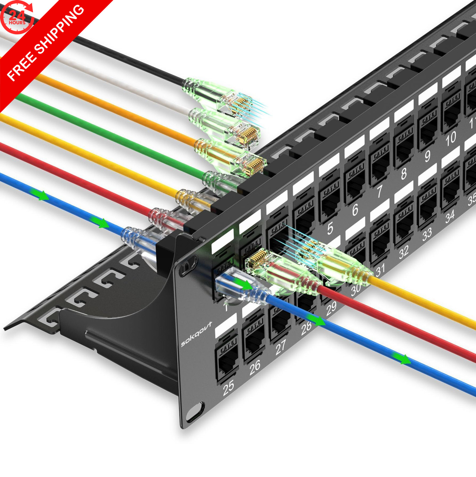 Sokqovt Patch Panel 48 Port Cat6 with Coupler Keystone, 48 Port, Black