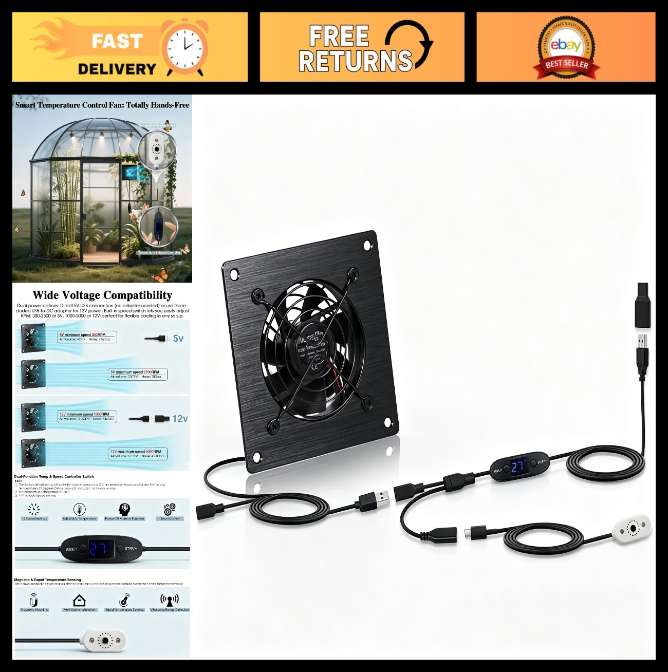 80mm Temperature Controlled Fan - USB 5V/DC 12V, IPX5 Waterproof, 10-Speed, Quie