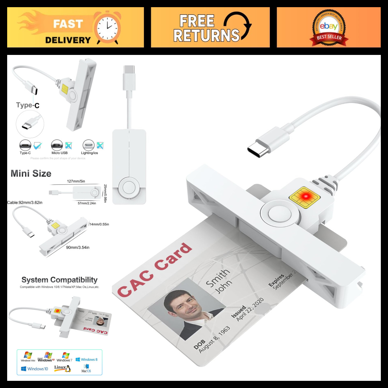USB C Smart Card Reader, Portable Type C CAC Reader for DOD Military ID, Mac/Win