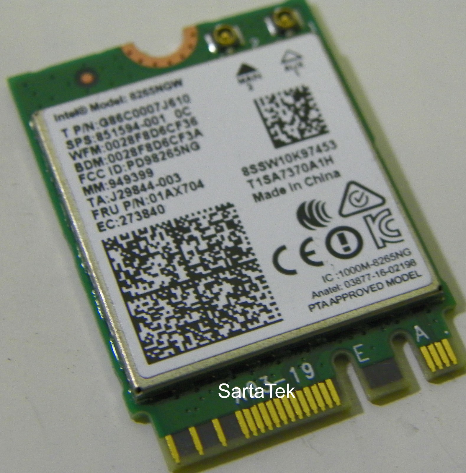 Intel Dual Band Wireless-AC 8265NGW Bluetooth NGFF P/N 851594-001 / 01AX704