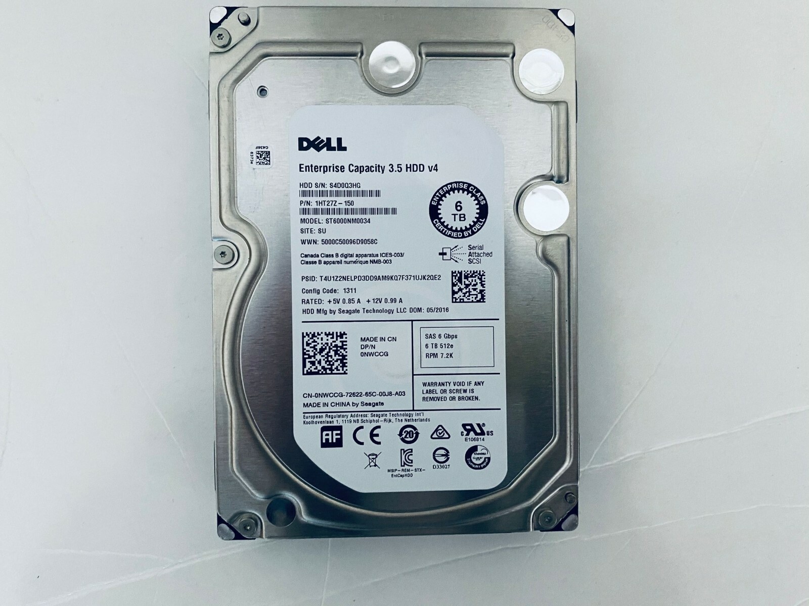 for Dell ST6000NM0034 NWCCG PowerEdge 6TB 7.2K SAS 6Gbps 3.5'' HDD 0NWCCG